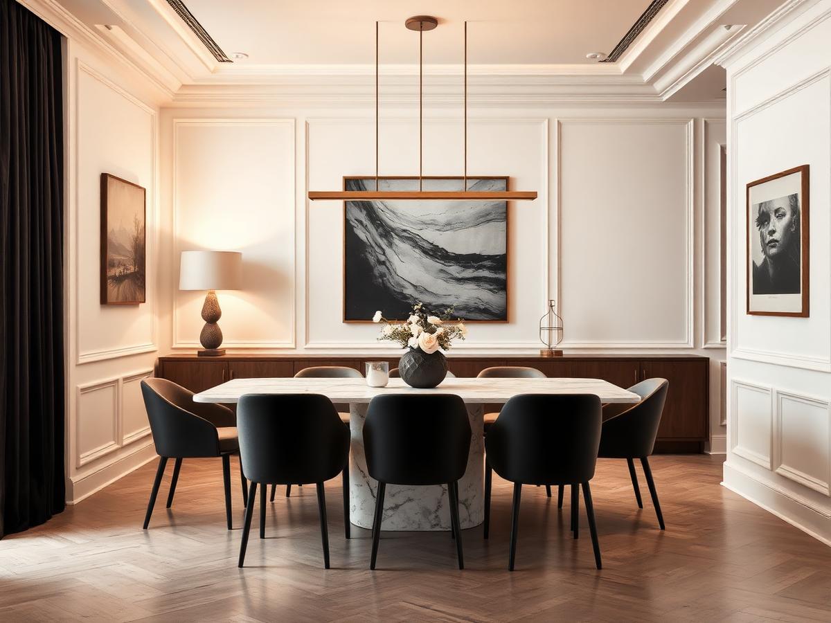 Sala de jantar com pendente linear sobre mesa de mármore